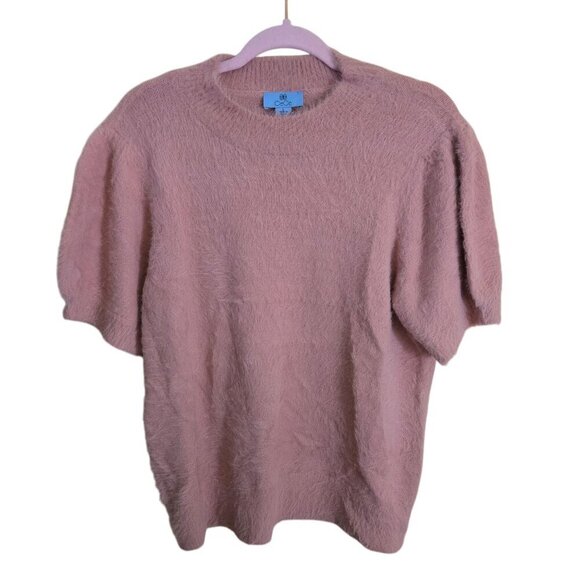 Cece Pink Eyelash Fuzzy Knit Puff Short Sleeve Round Neck Sweater Size L - Picture 2 of 6